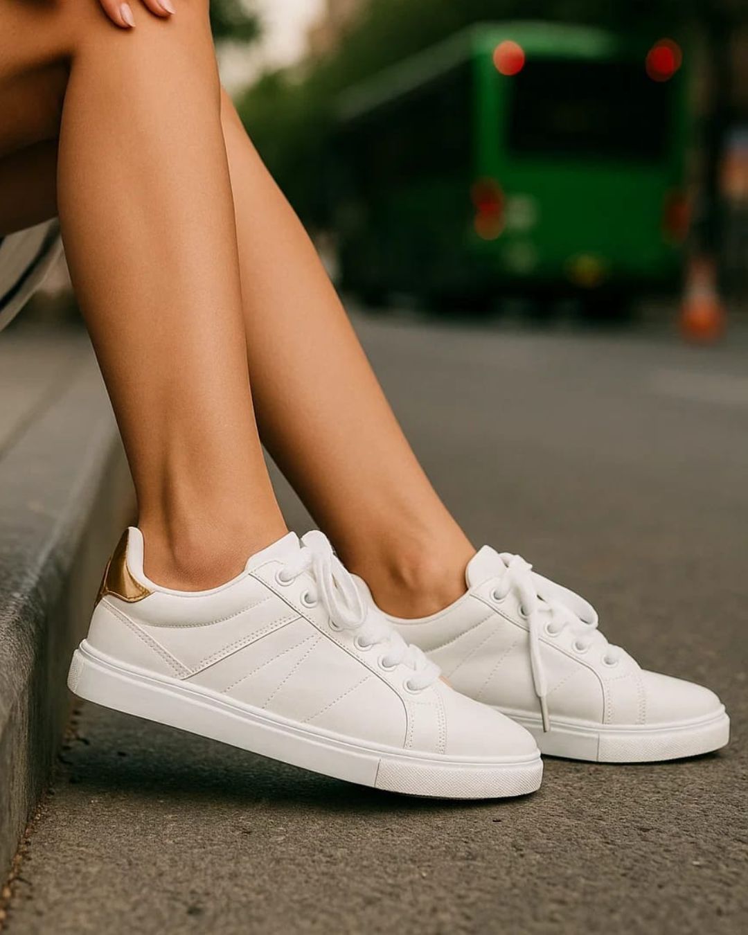 White sneakers worn on a blurred street background