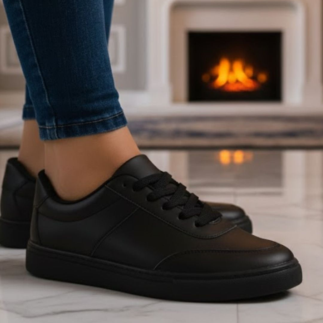 Person wearing black sneakers with a fireplace in the background