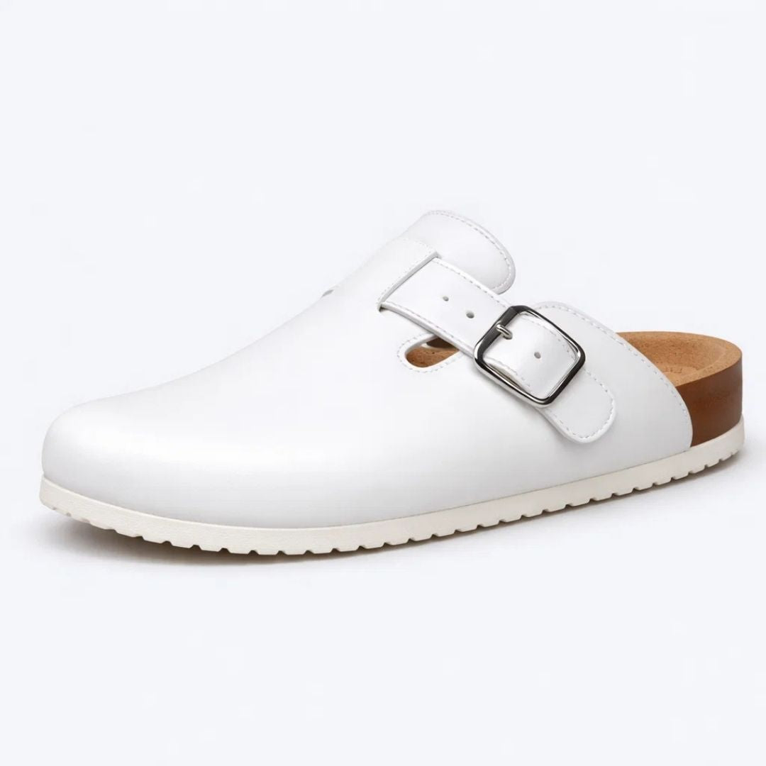 White clog shoe with a wooden sole on a white background