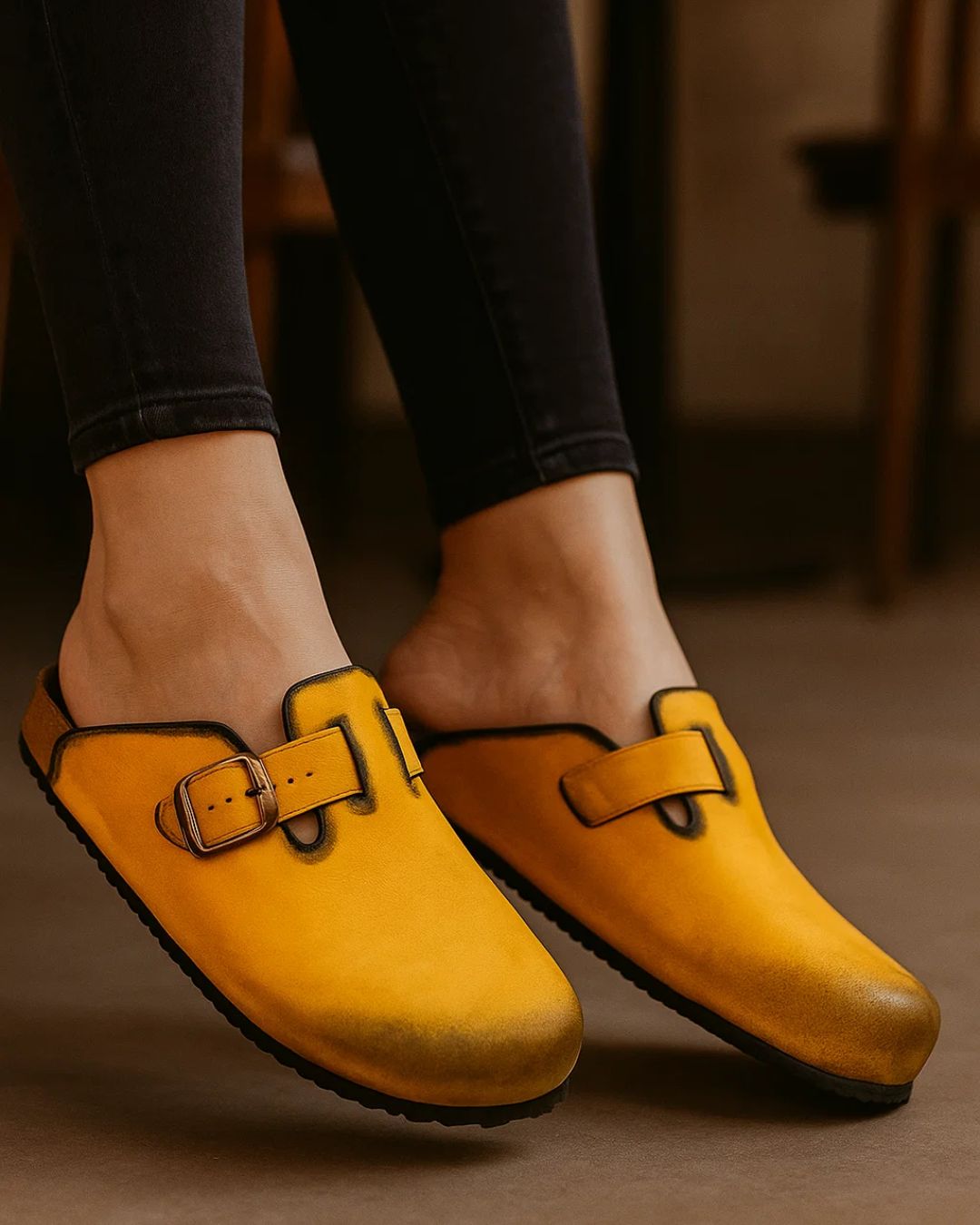 Yellow clogs with a buckle on a blurred background