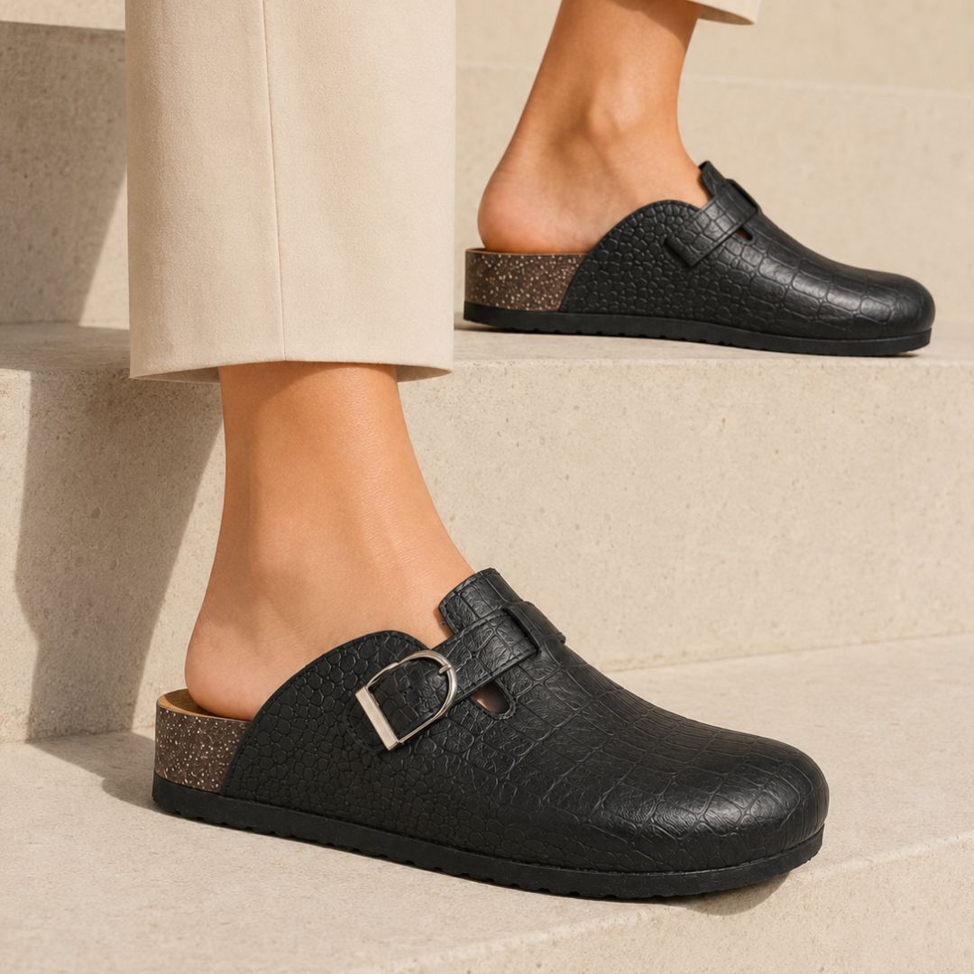 Genuine Leather Croc-Embossed Clog – Black