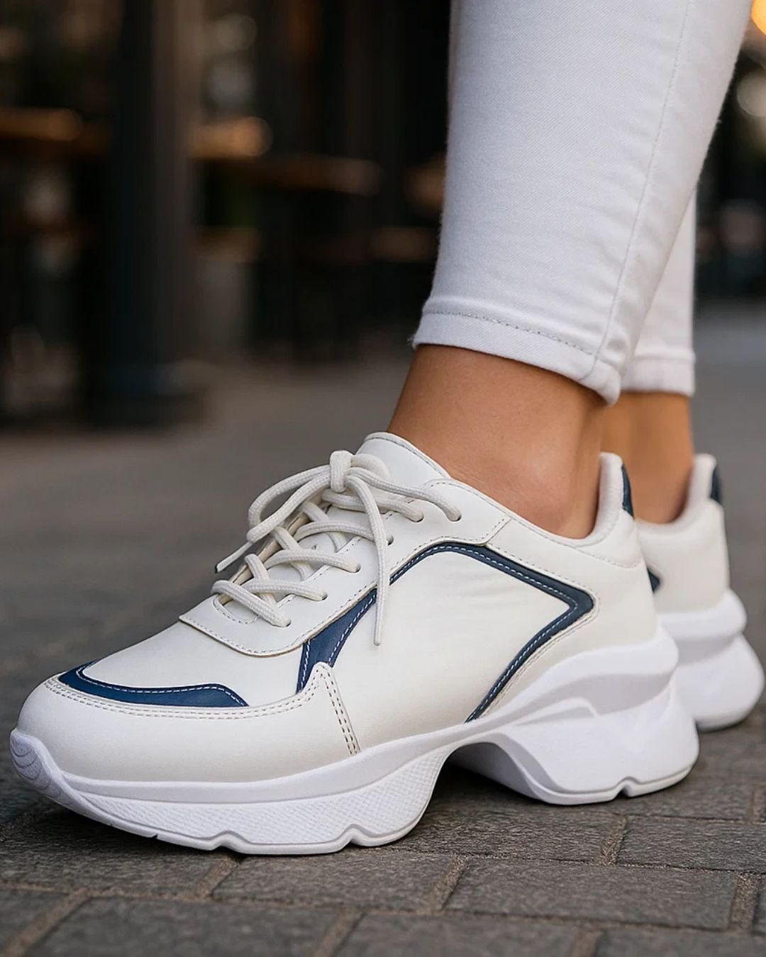 White sneakers with blue accents worn by a person on a blurred background