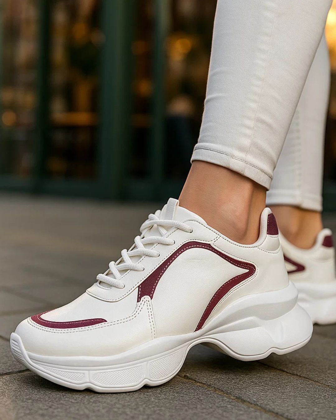 White sneakers with maroon accents worn by a person on a blurred background