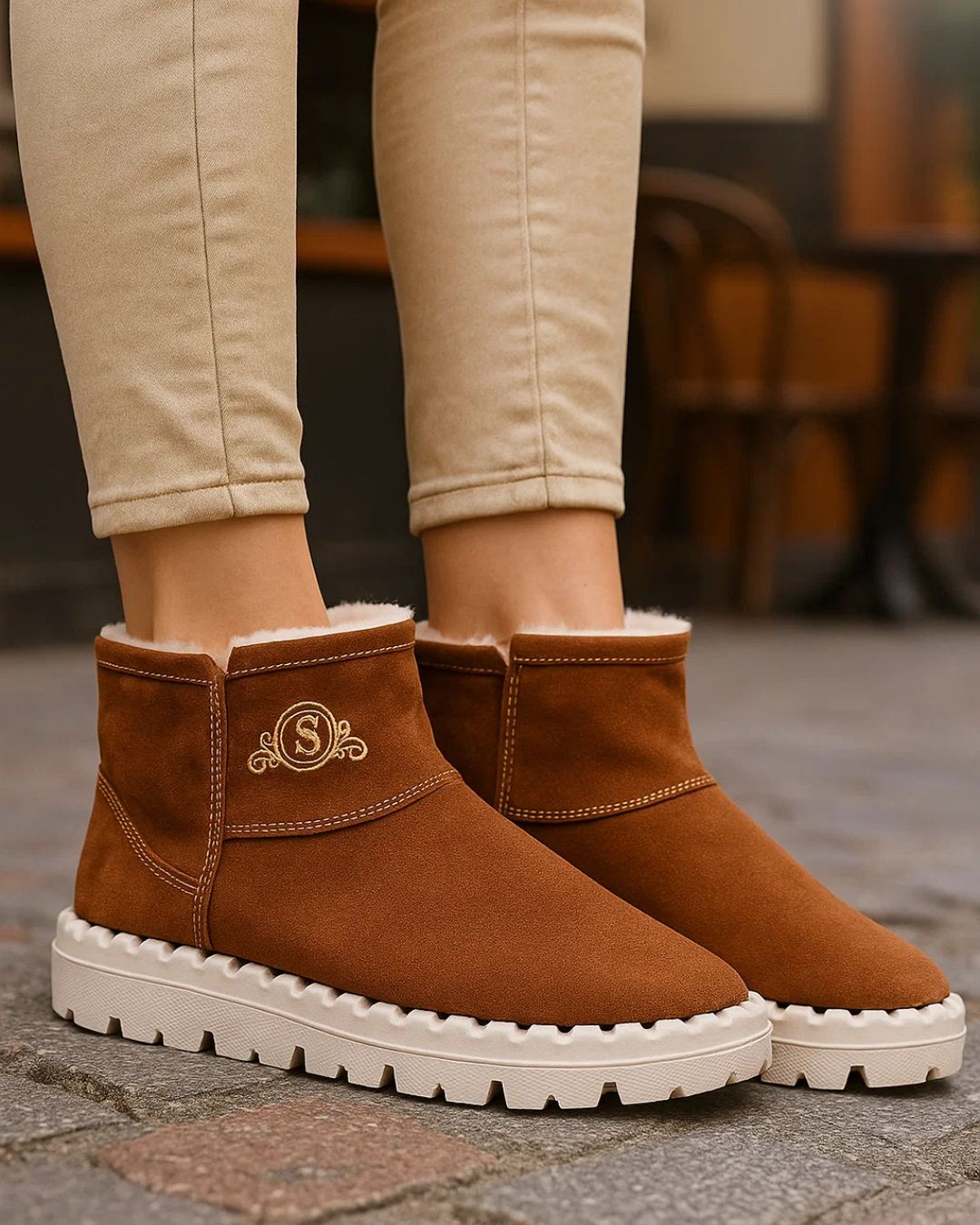 Brown suede ankle boots with white soles worn by a person on a blurred background