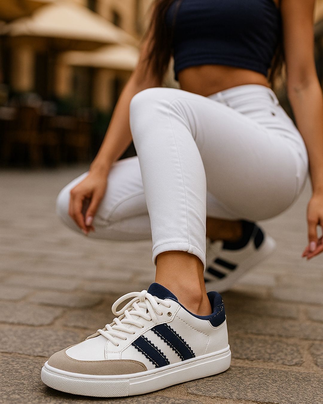Person wearing white sneakers with navy stripes on a blurred street background