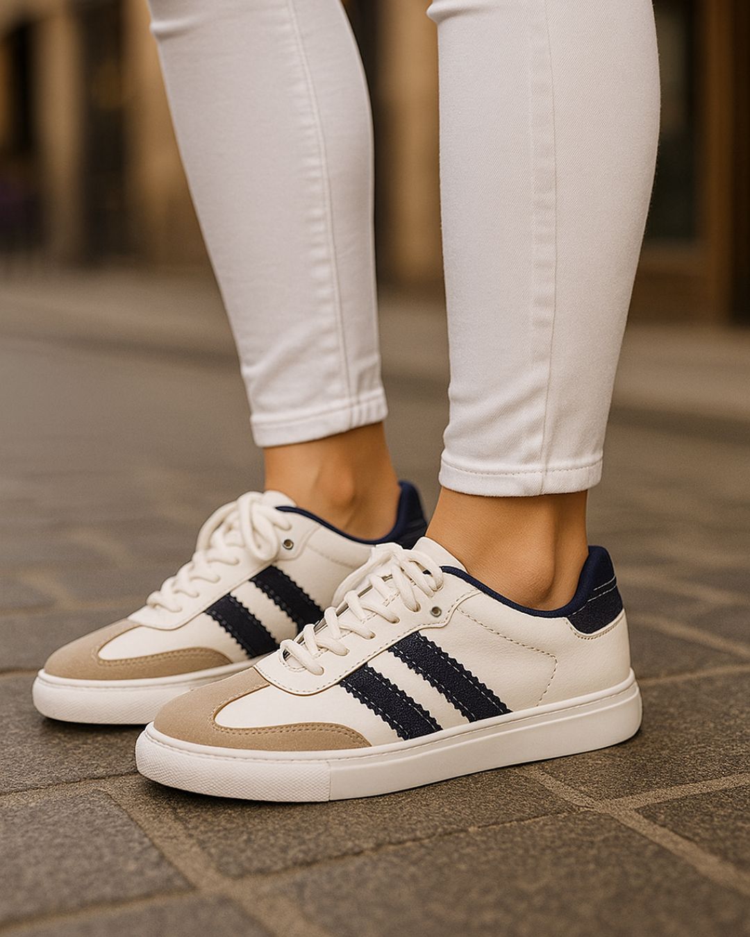 White sneakers with black stripes worn on a stone pavement