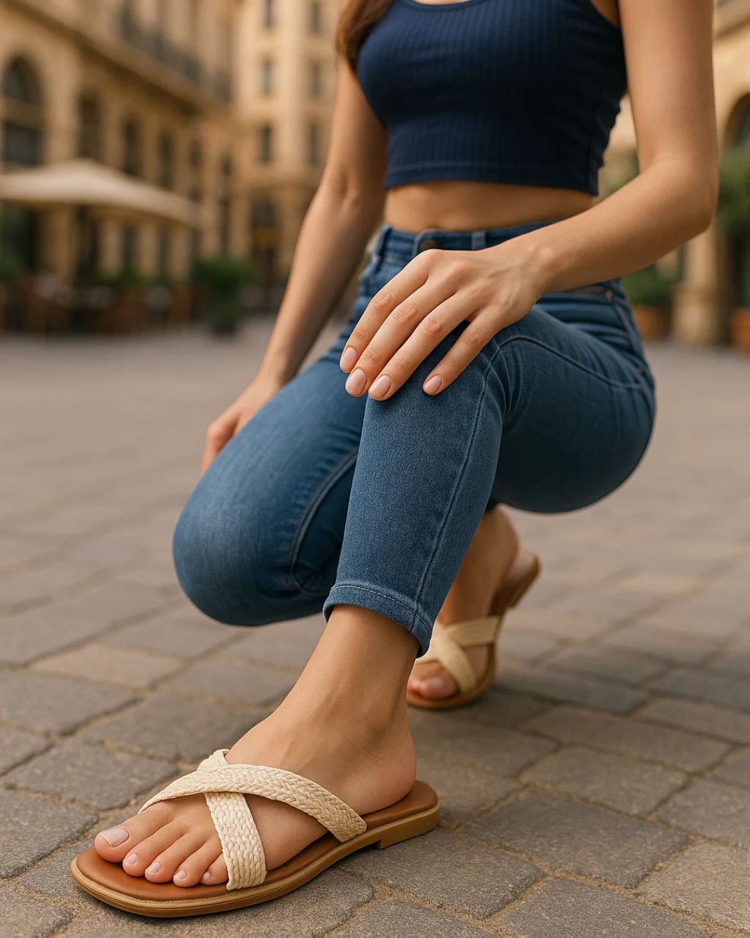 Person wearing blue jeans and beige sandals on a street.