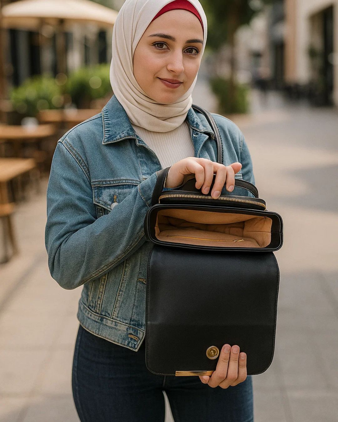 Woman holding a black handbag outdoors on a street.