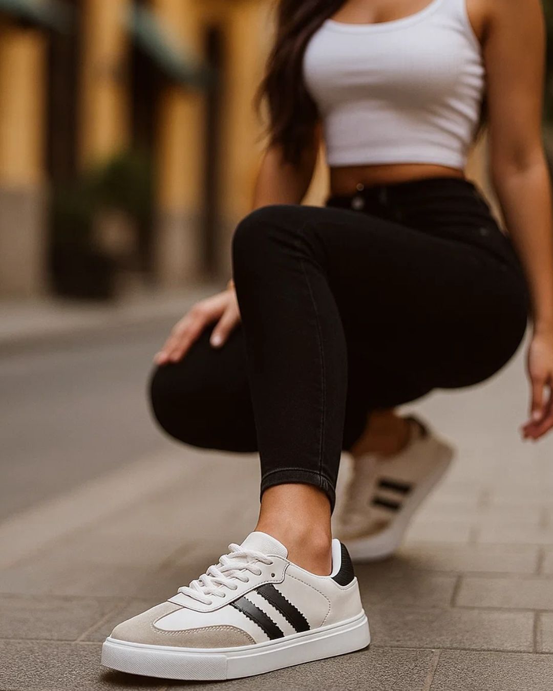 Person wearing white sneakers with black stripes on a street.
