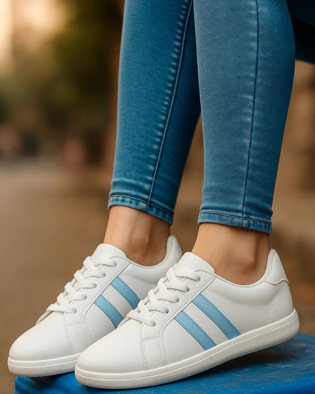 White sneakers with blue stripes worn with blue jeans on a blurred outdoor background