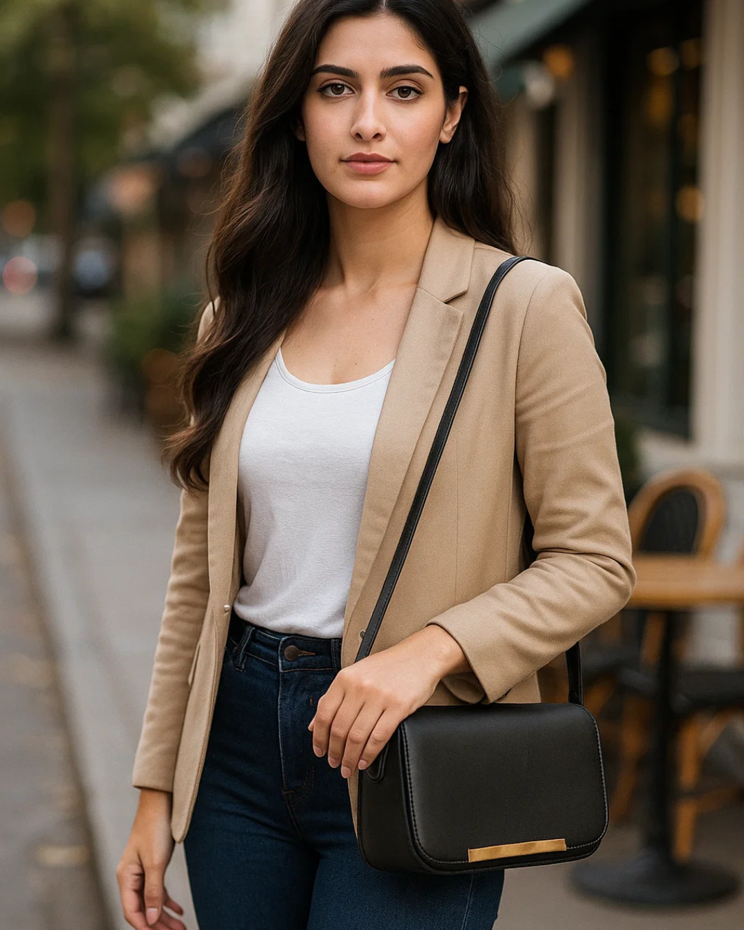 Woman in a beige blazer holding a black handbag on a street.
