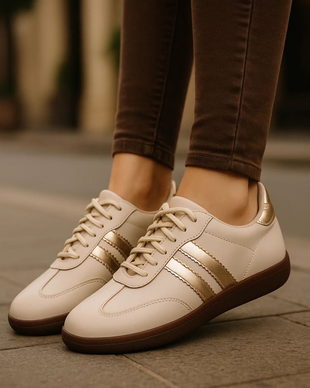 White sneakers with gold accents worn on a blurred street background