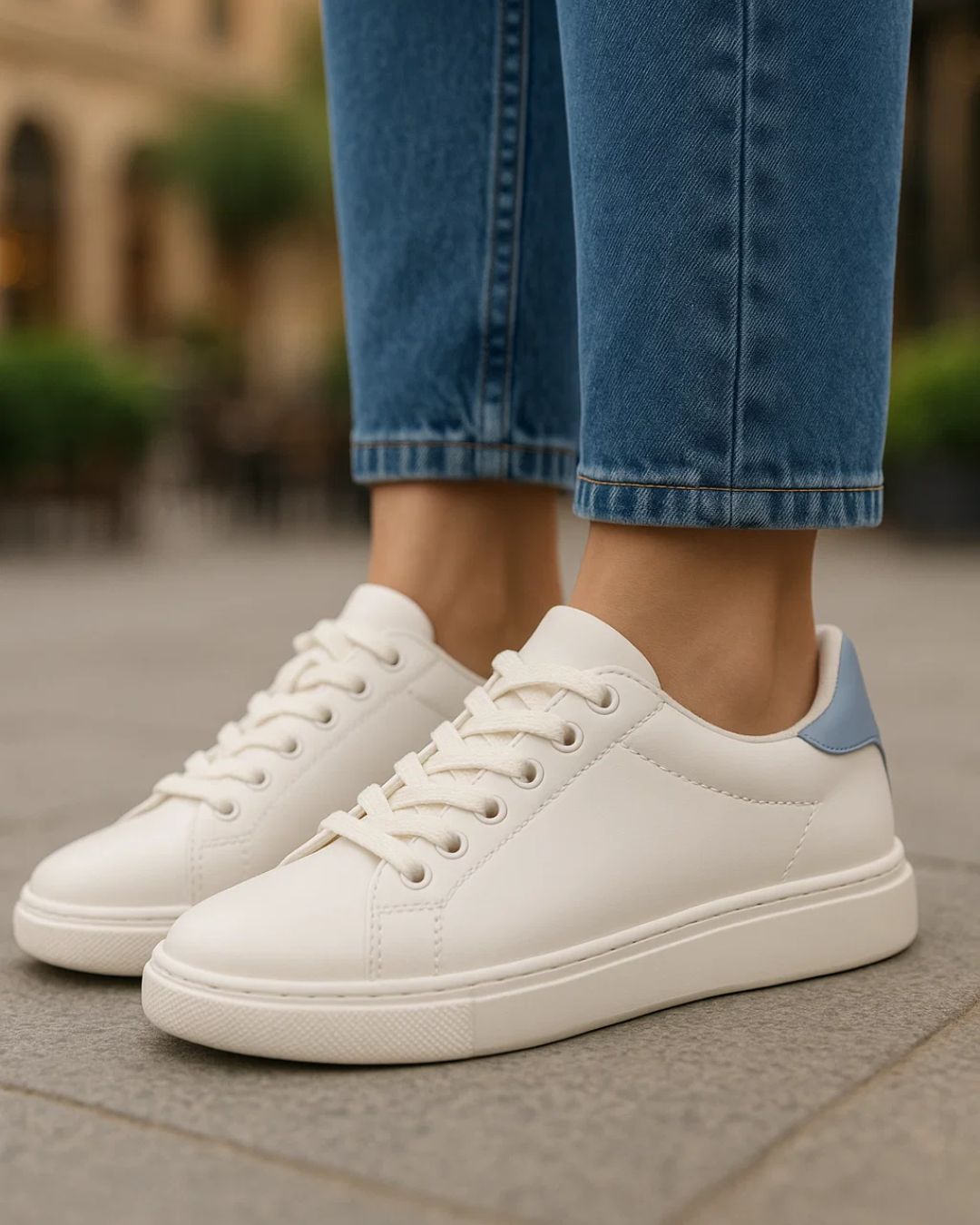 White sneakers with a blue heel tab worn with blue jeans on a blurred outdoor background