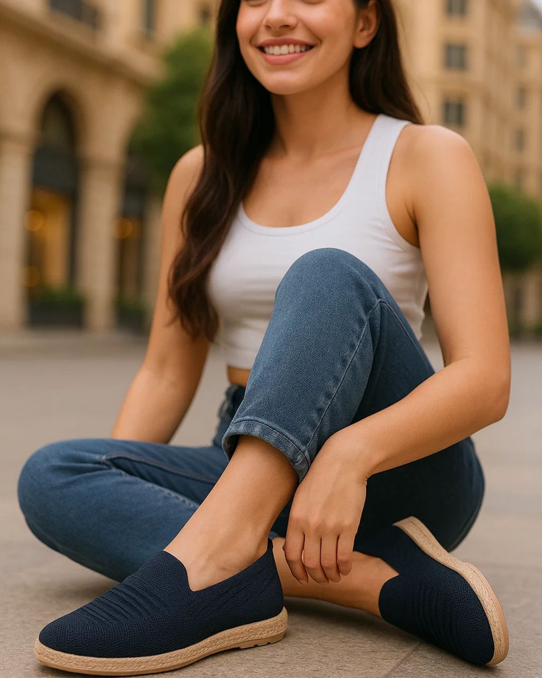 Woman sitting outdoors wearing a white tank top, blue jeans, and navy loafers.
