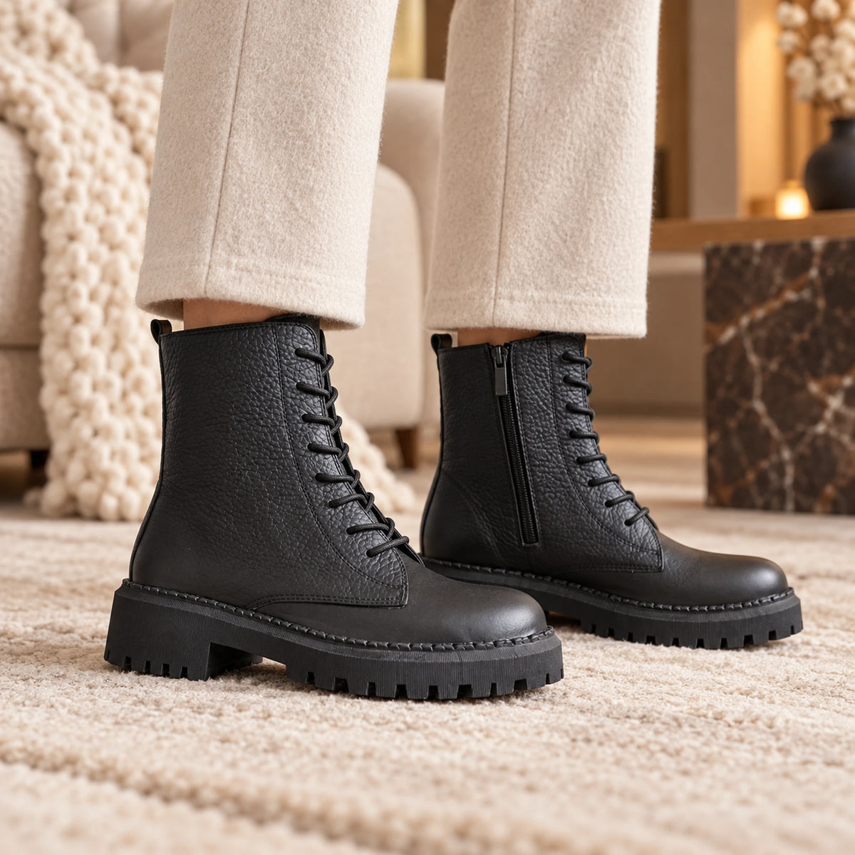 Women's Genuine Leather Combat Boot – Lace-Up, Side Zip & Lug Sole