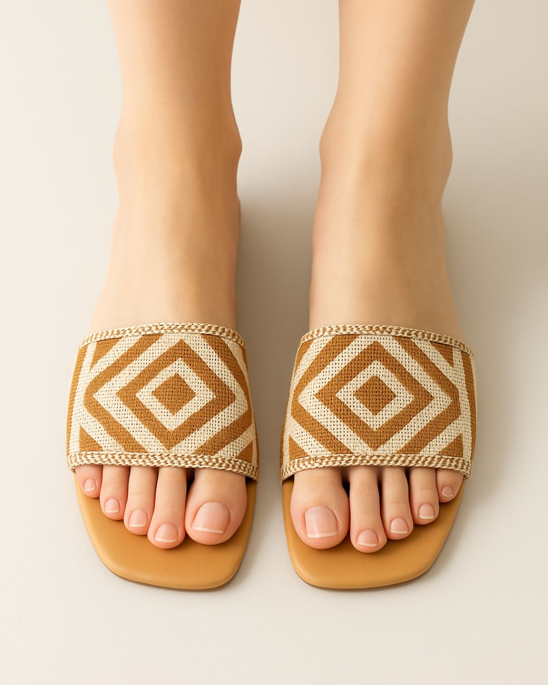 Beige sandals with diamond pattern straps on a neutral background