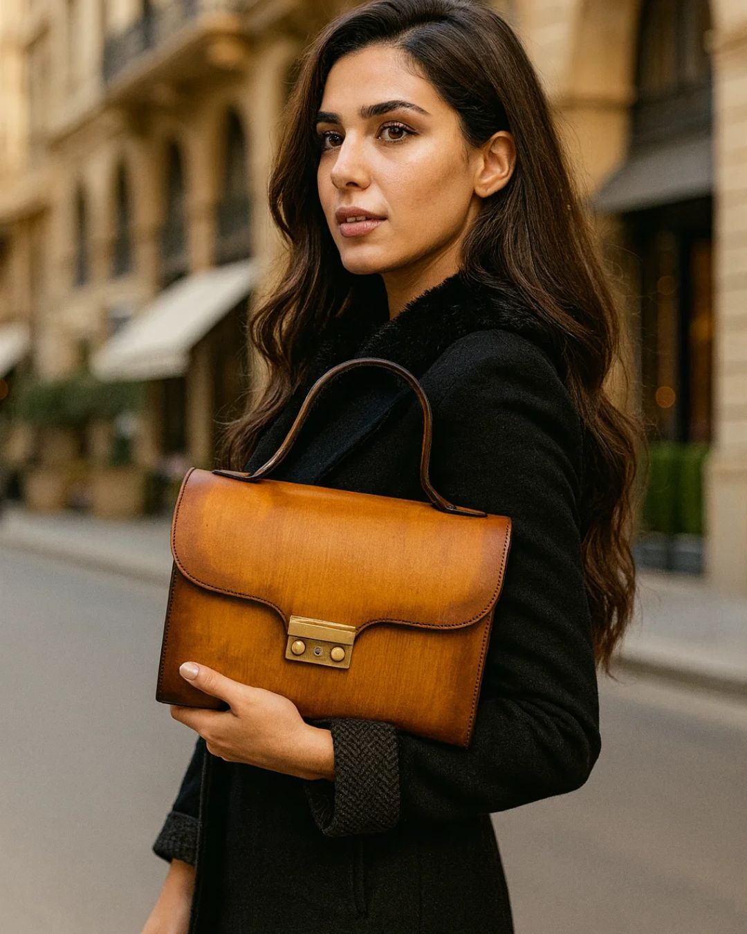 Woman holding a brown leather handbag on a city street