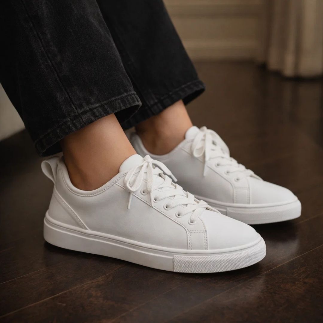 White sneakers worn with dark pants on a wooden floor