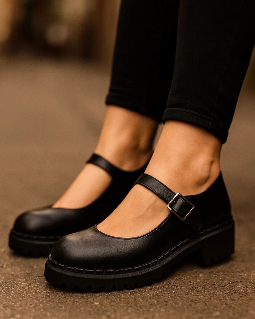 Black leather shoes with buckles worn by a person on a brown surface