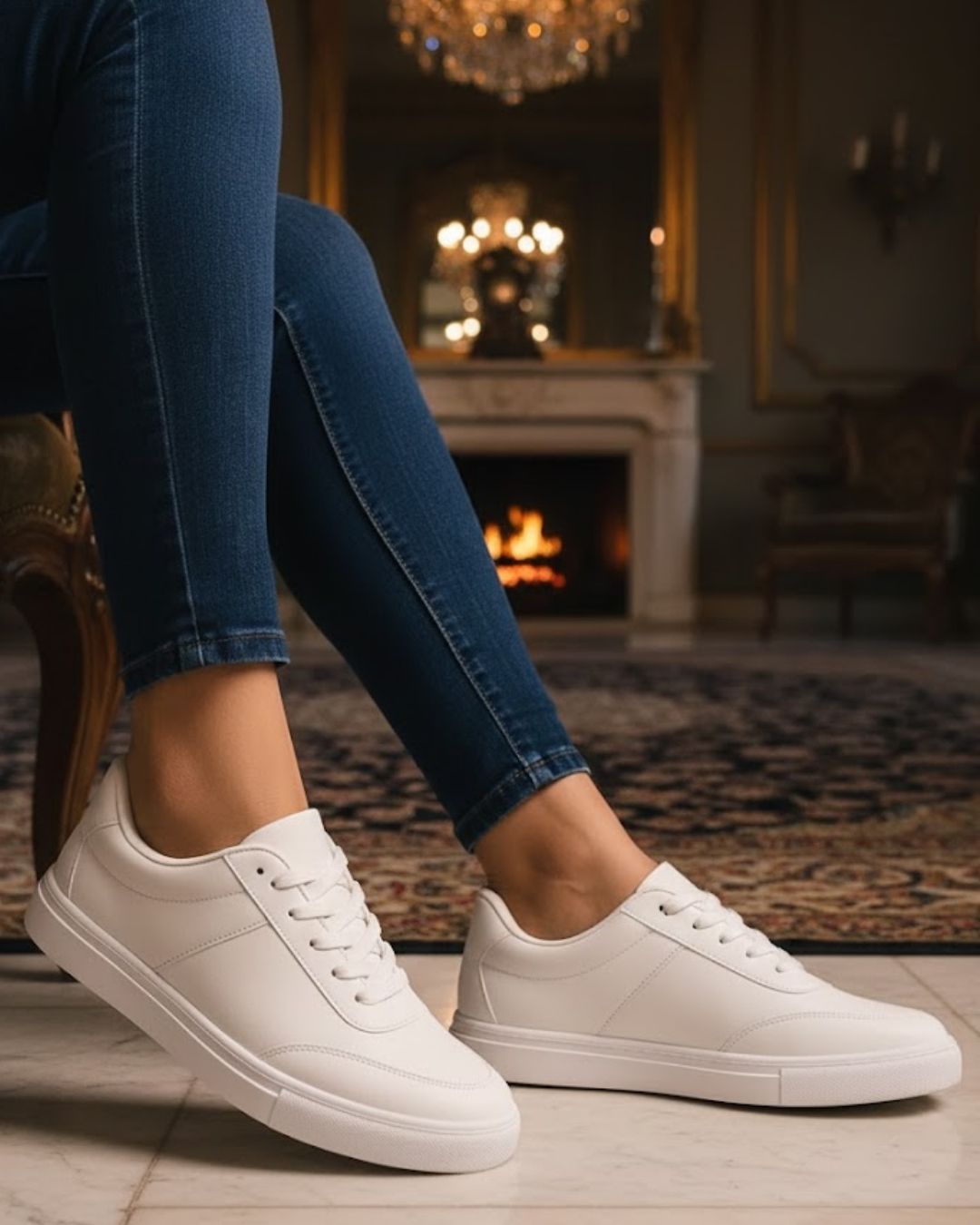 White sneakers worn with blue jeans in a room with a fireplace.