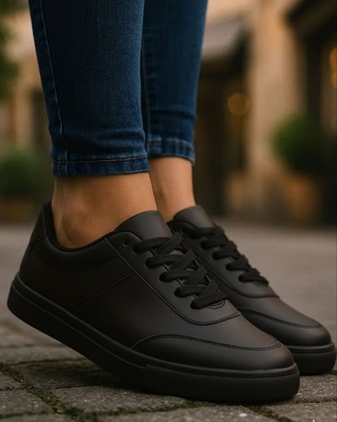 Black sneakers worn with blue jeans on a blurred outdoor background