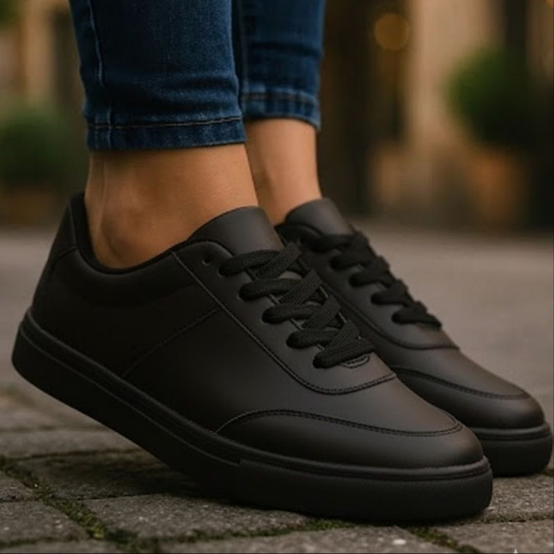 Black sneakers worn with blue jeans on a blurred outdoor background