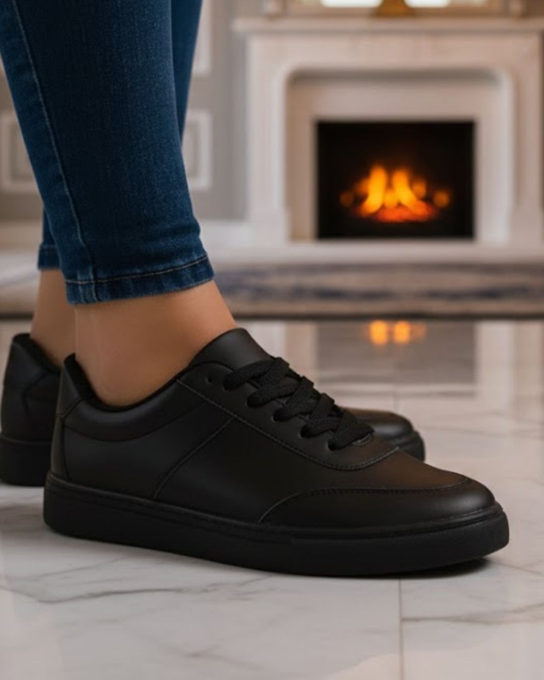 Person wearing black sneakers with a fireplace in the background