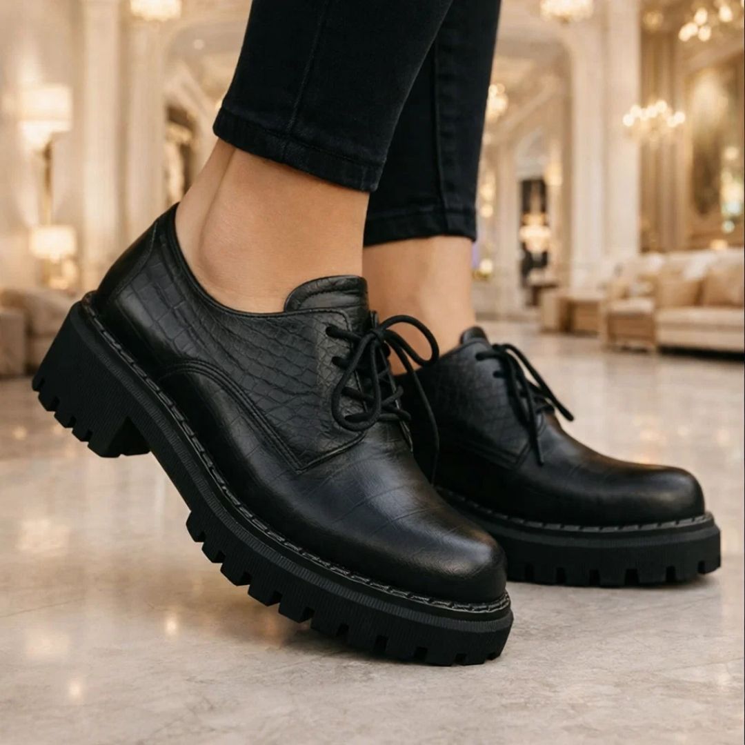 Black leather shoes with thick soles worn indoors.