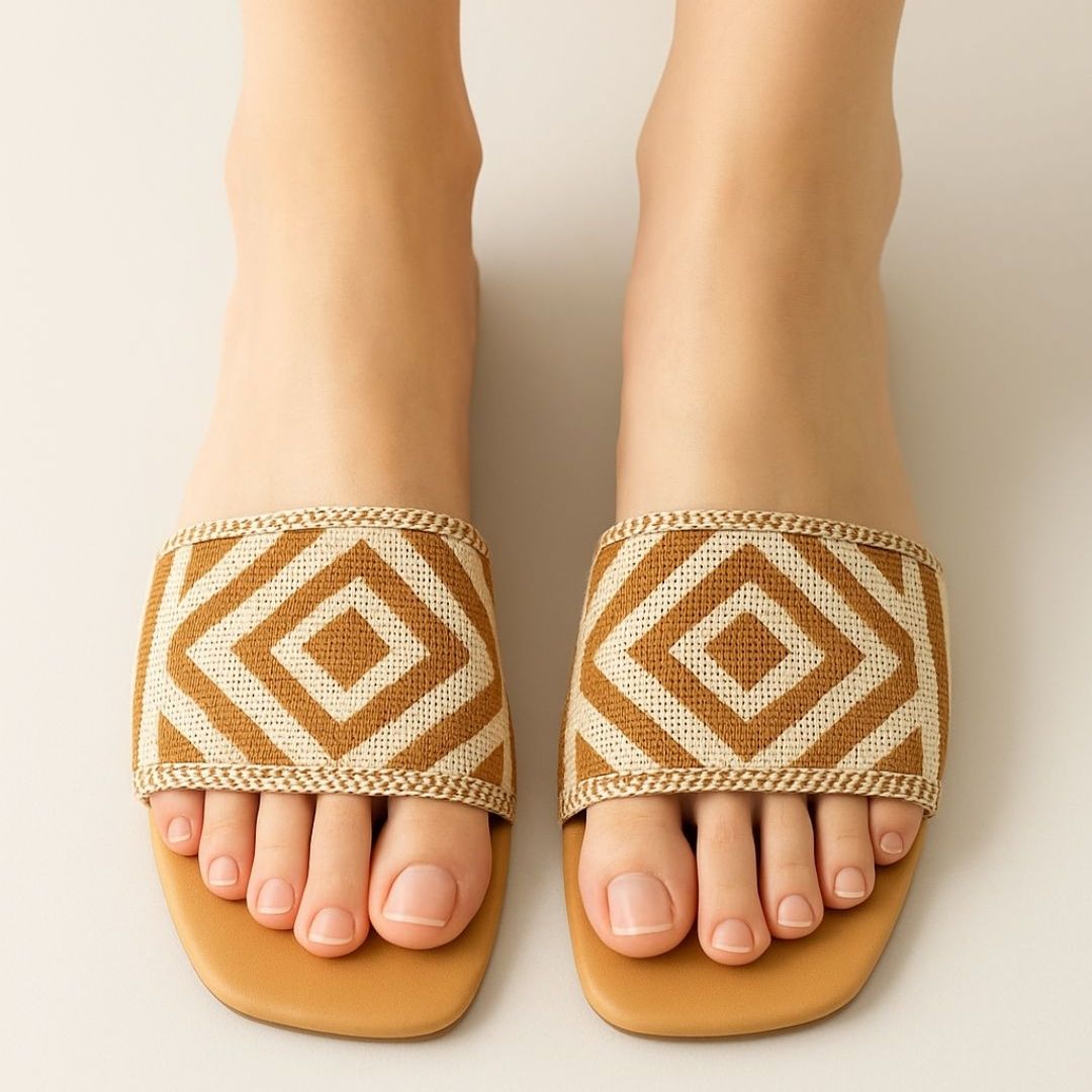 Beige sandals with diamond pattern straps on a neutral background