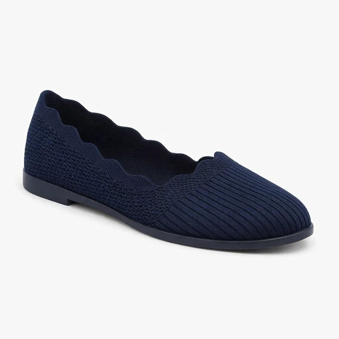 Navy blue flat shoe on a white background