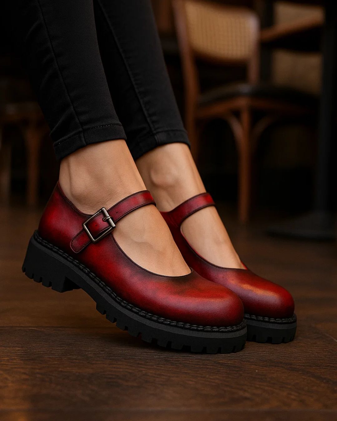 Red leather shoes with black soles worn by a person in a blurred indoor setting