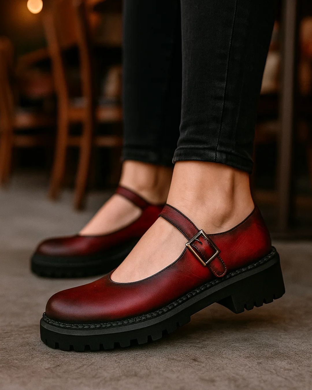 Red leather shoes with a buckle worn indoors on a blurred background