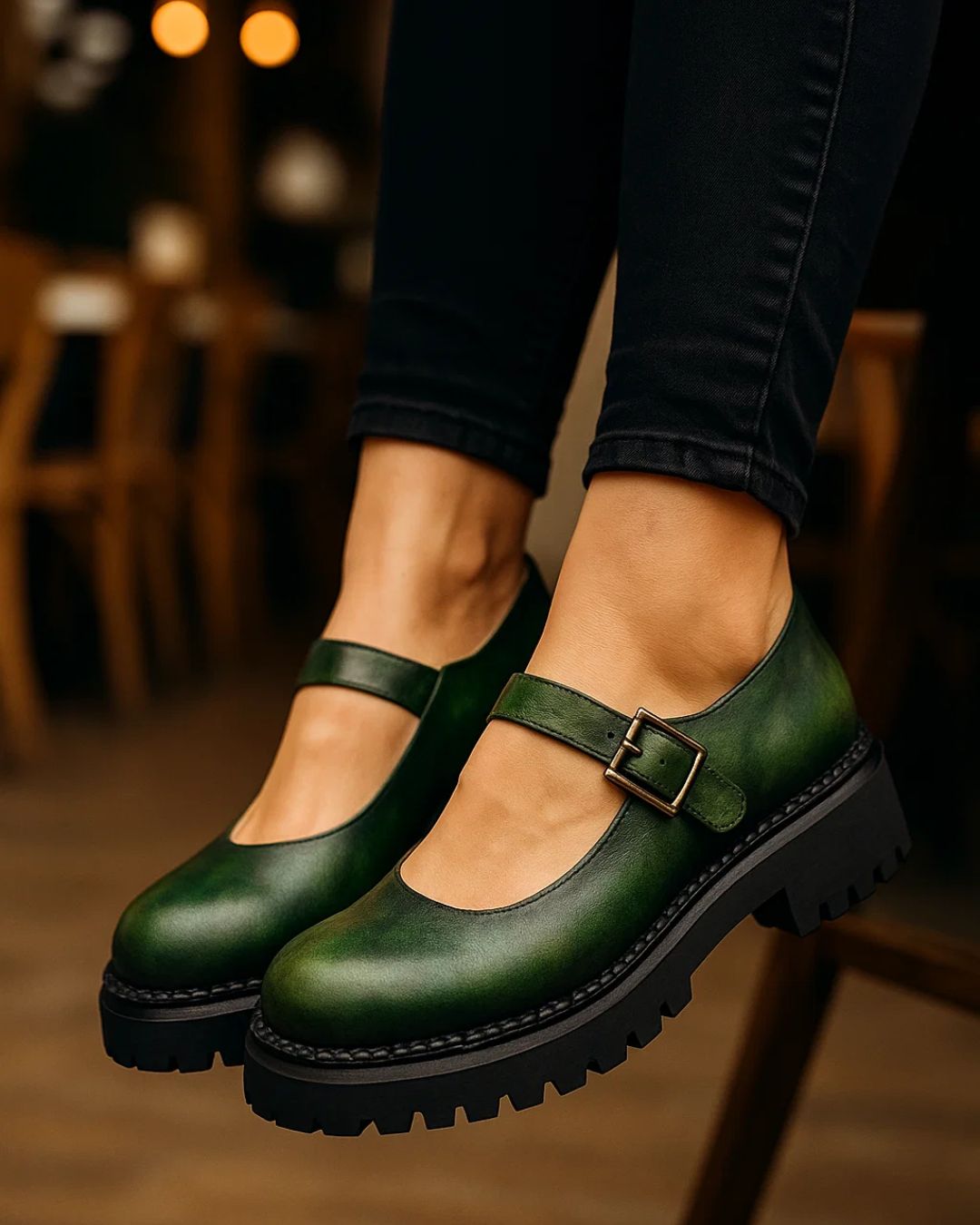 Green leather shoes with buckles worn by a person on a blurred indoor background