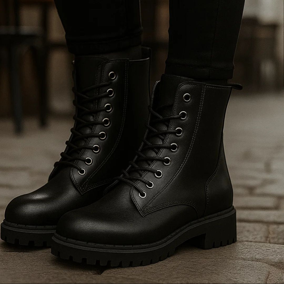 Black leather boots worn with dark pants on a blurred background