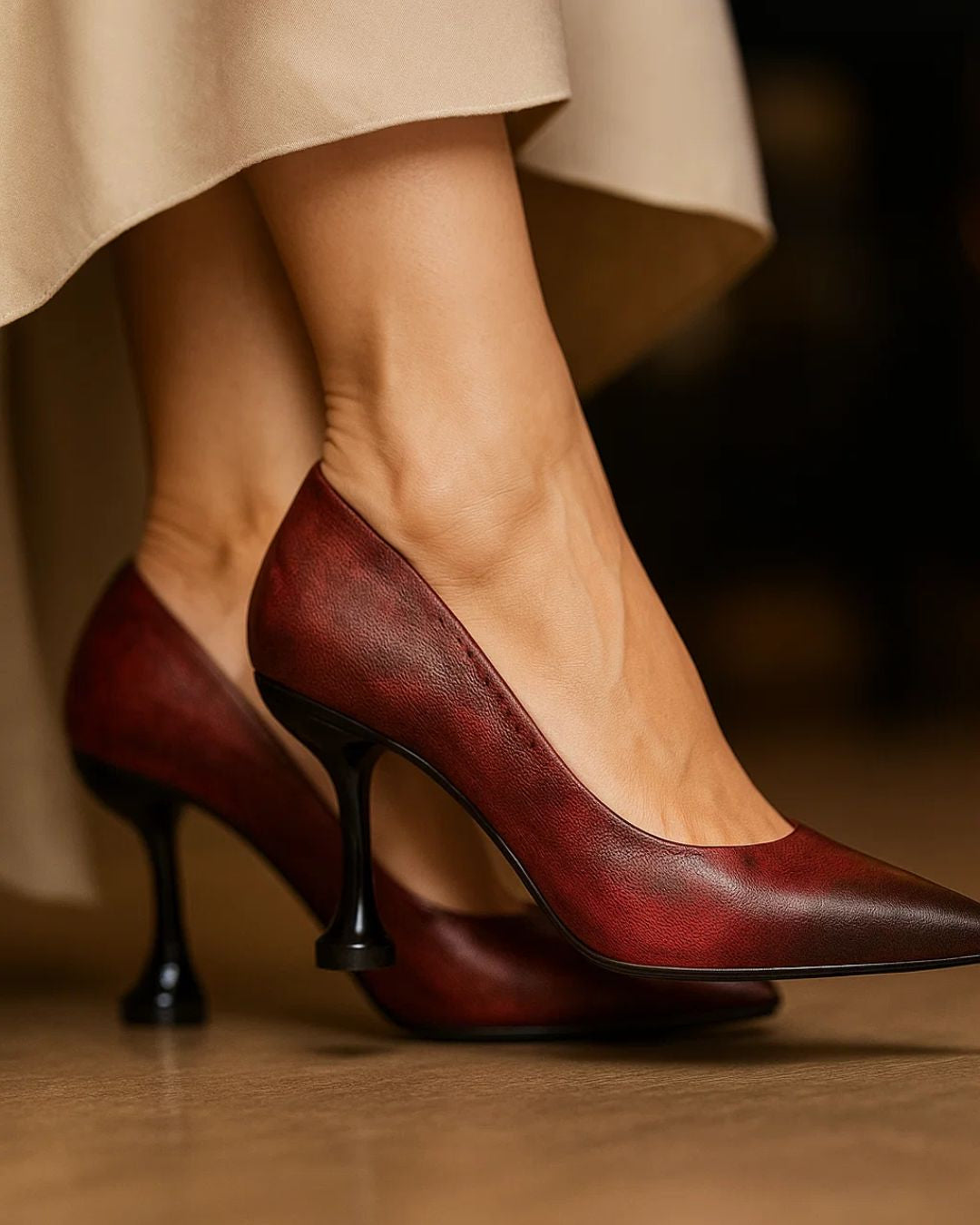 Red high-heeled shoes worn with a beige skirt on a blurred background