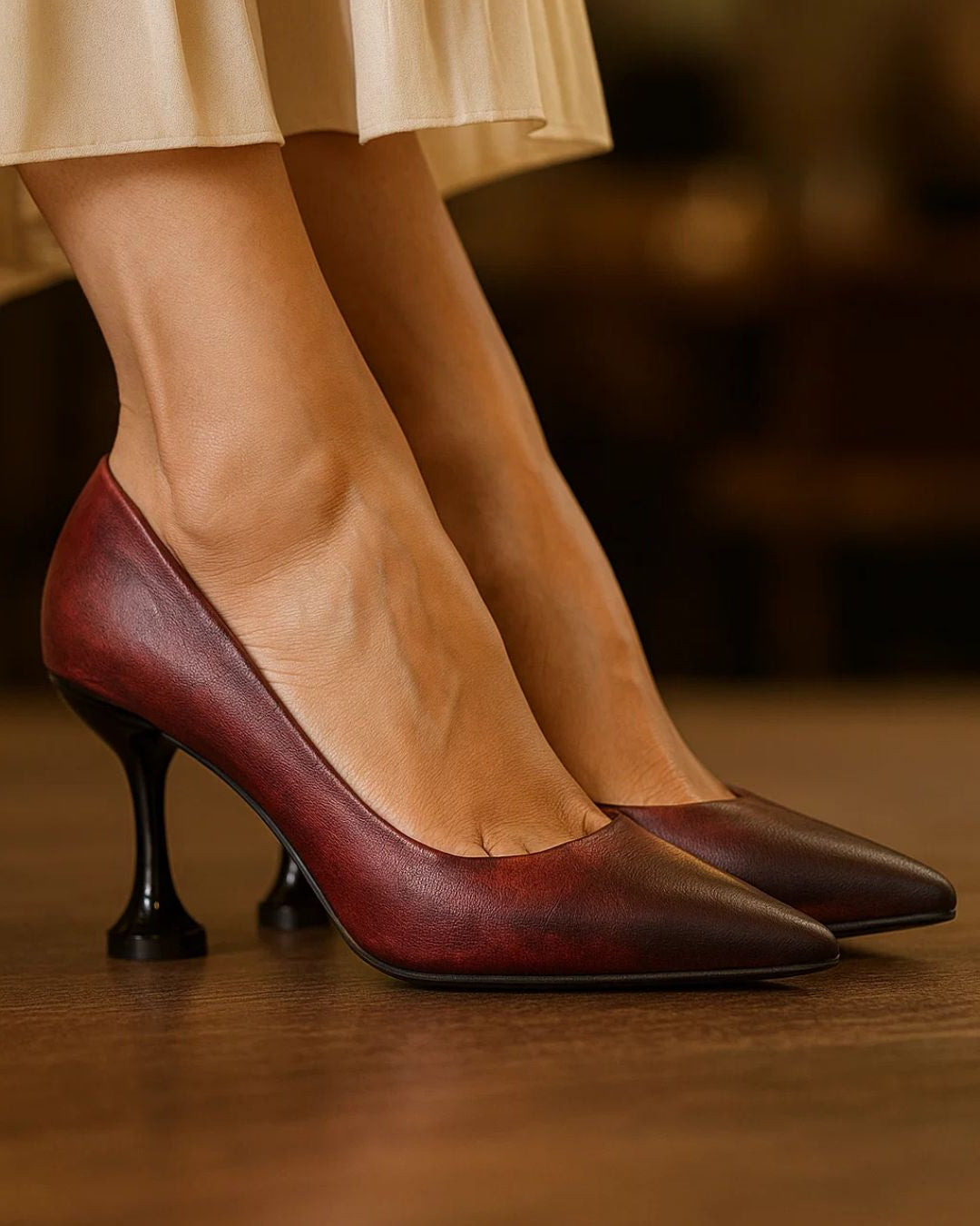 Red high-heeled shoes worn with a beige skirt on a wooden floor.