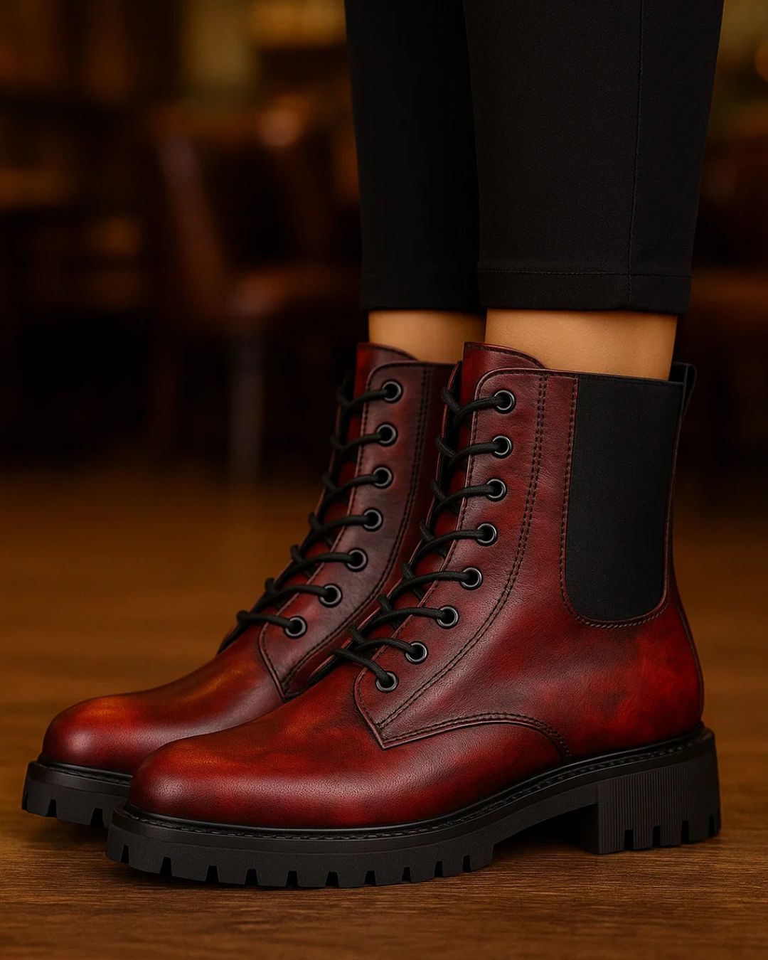 Red leather boots with black soles worn indoors on a wooden floor.
