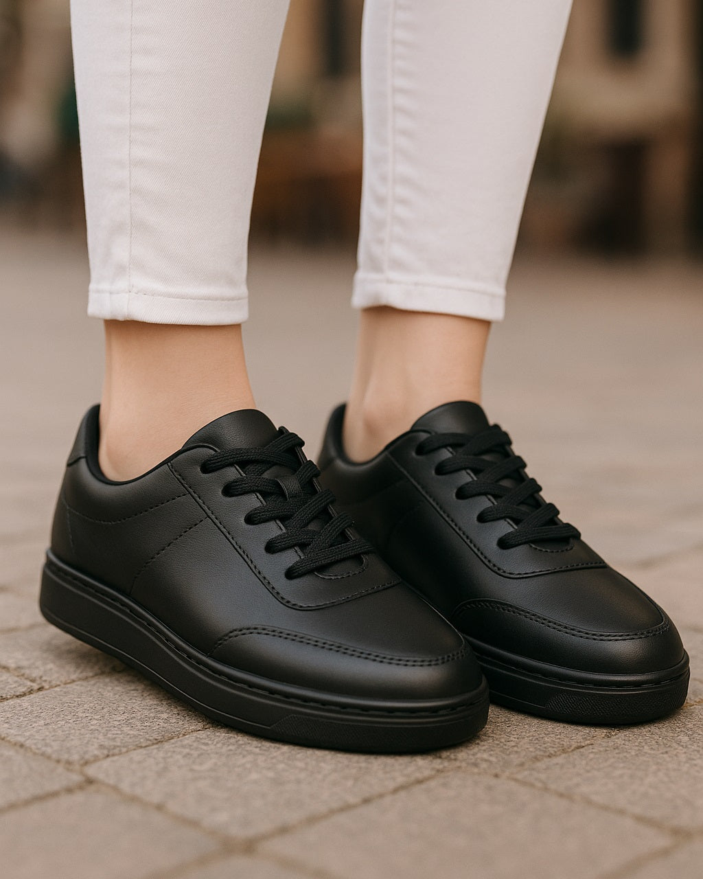 Black sneakers worn with white pants on a blurred outdoor background