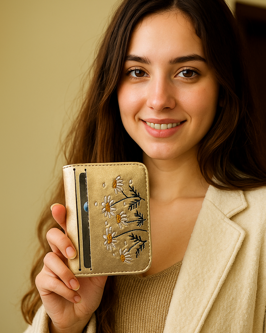Woman holding a beige wallet with floral embroidery against a plain background