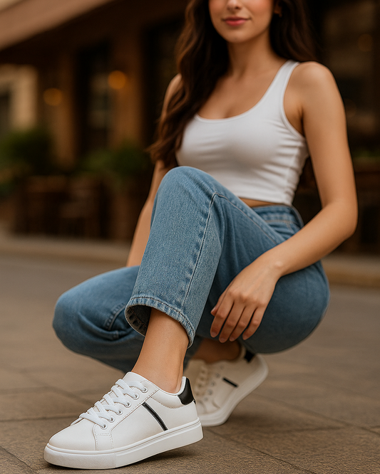 Woman squatting on a sidewalk wearing a white tank top, blue jeans, and white sneakers.