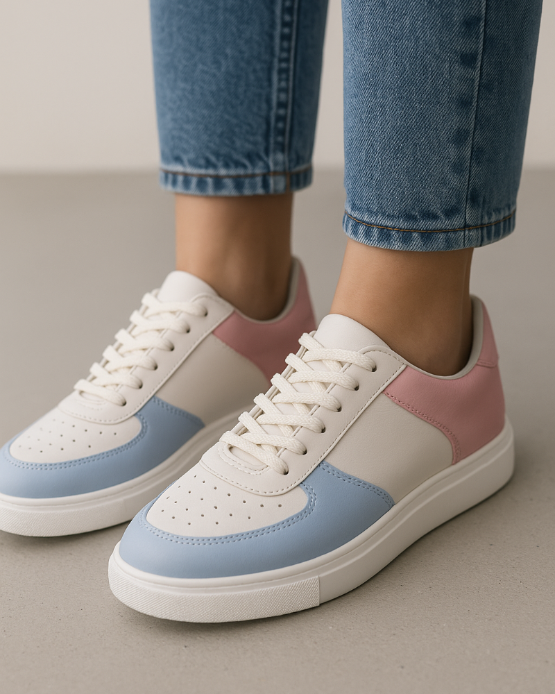 White sneakers with pink and blue accents worn with blue jeans on a neutral background