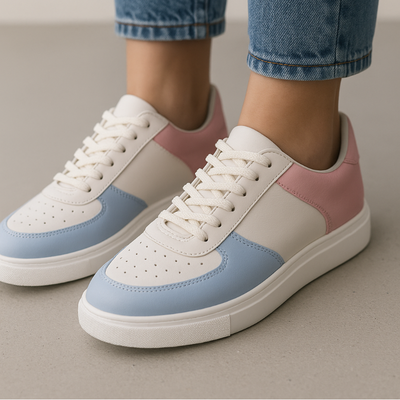 White sneakers with pink and blue accents worn with blue jeans on a neutral background