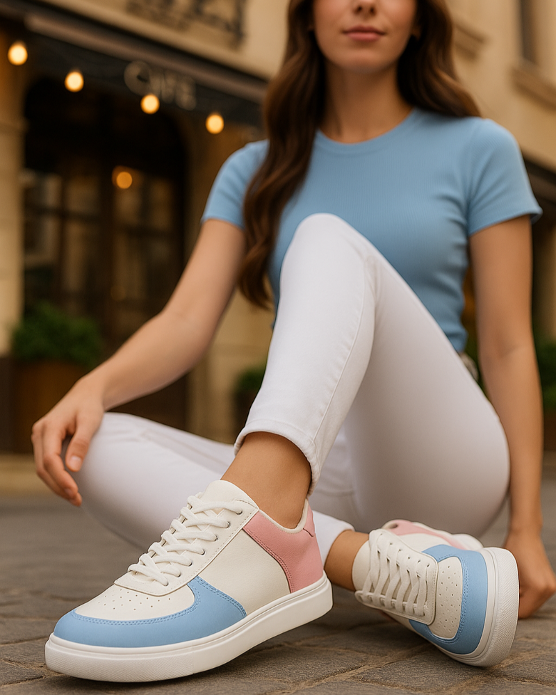 Woman wearing white sneakers with blue accents sitting on a street.