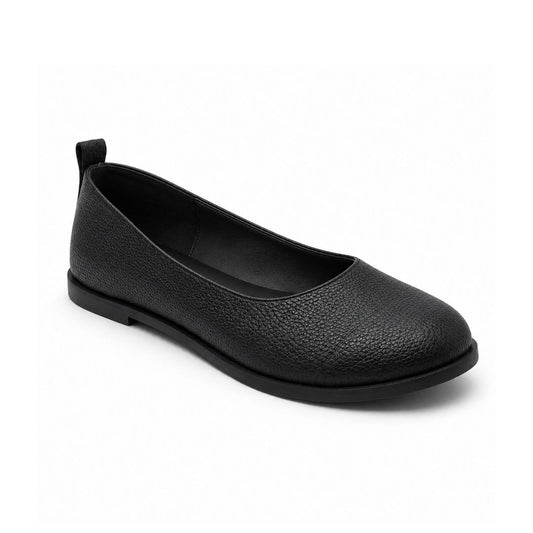 Black leather flat shoe on a white background