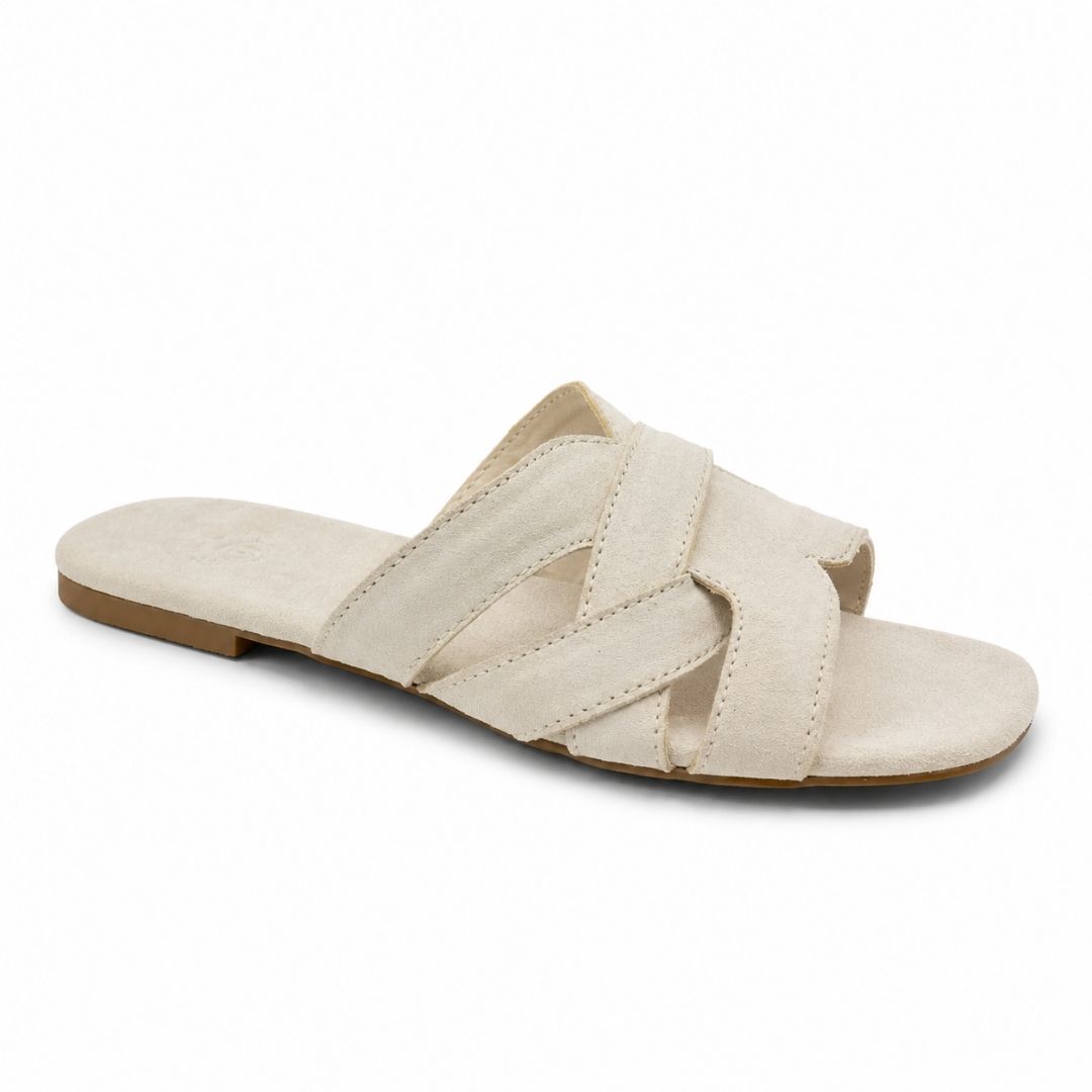 Beige sandal with braided design on a white background