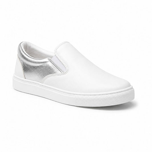 A white slip-on sneaker with a metallic silver heel panel, shown from a side profile on a clean white background.