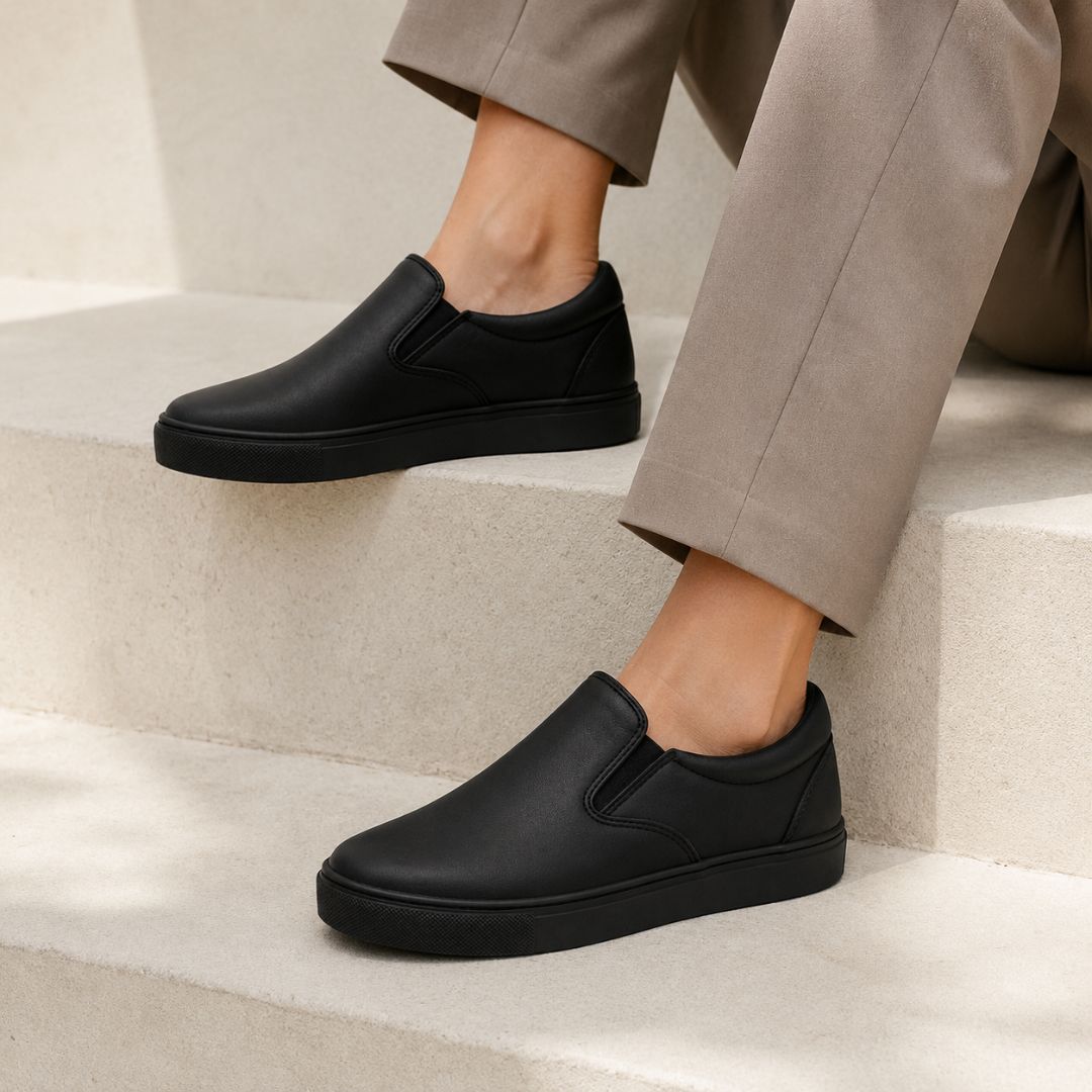 A person wearing black slip-on casual shoes and beige trousers, seated on light stone steps.