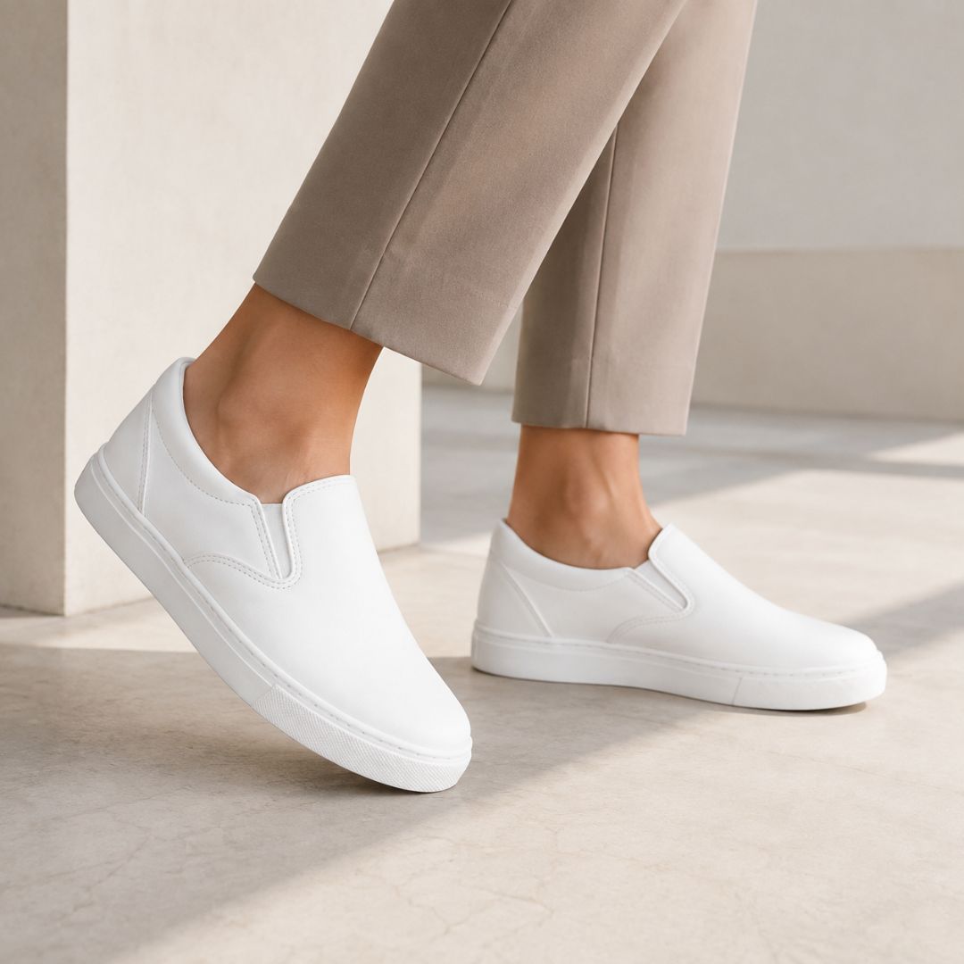A person wearing white slip-on sneakers and beige pants, standing on a light concrete surface in a minimalist indoor setting.