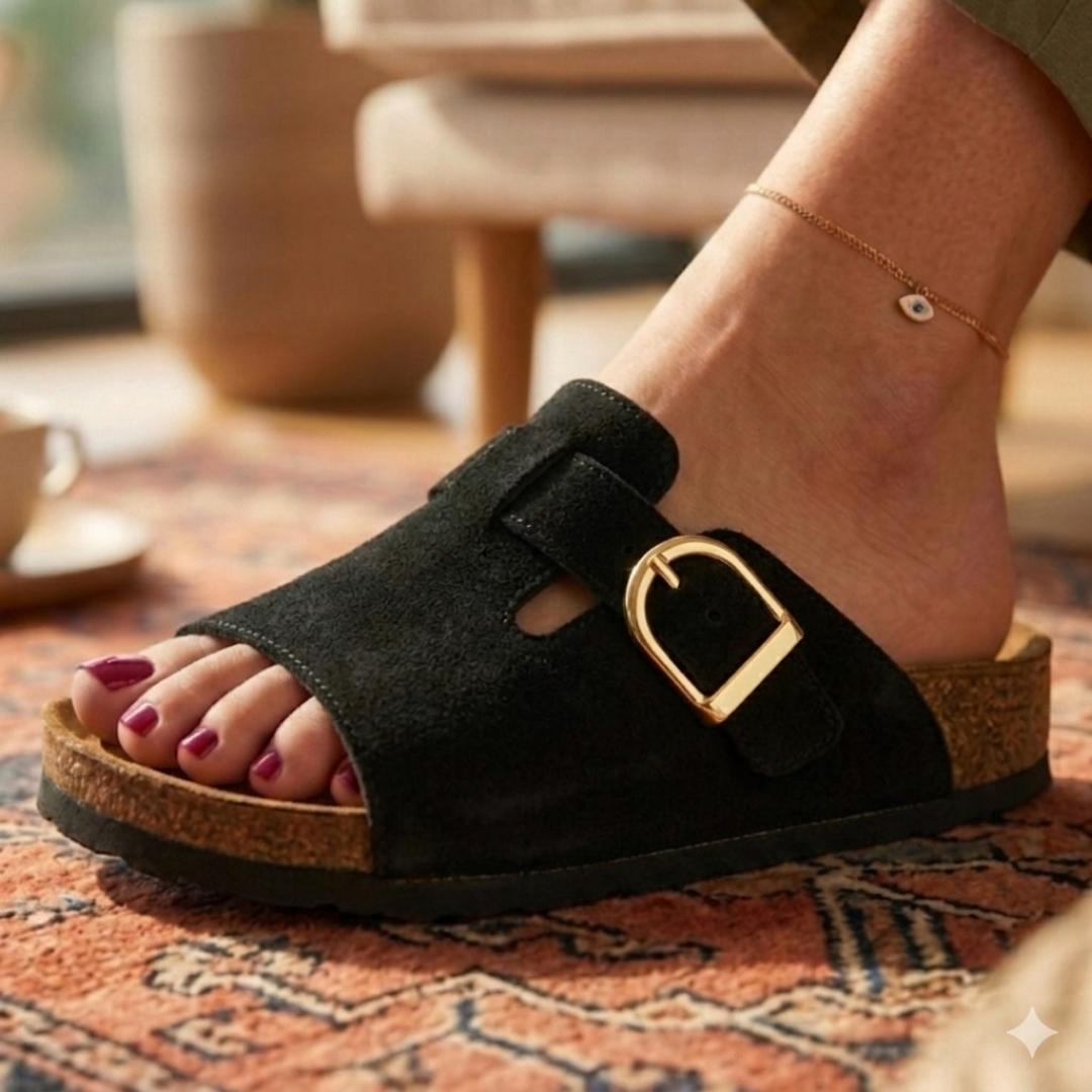 Black sandal with a gold buckle worn by a person on a patterned rug.