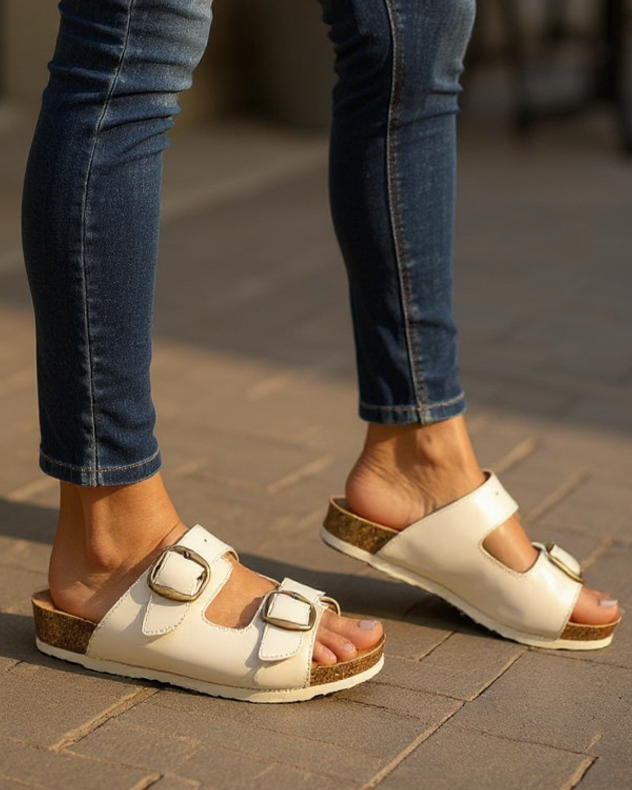 Person wearing blue jeans and white sandals on a blurred outdoor background